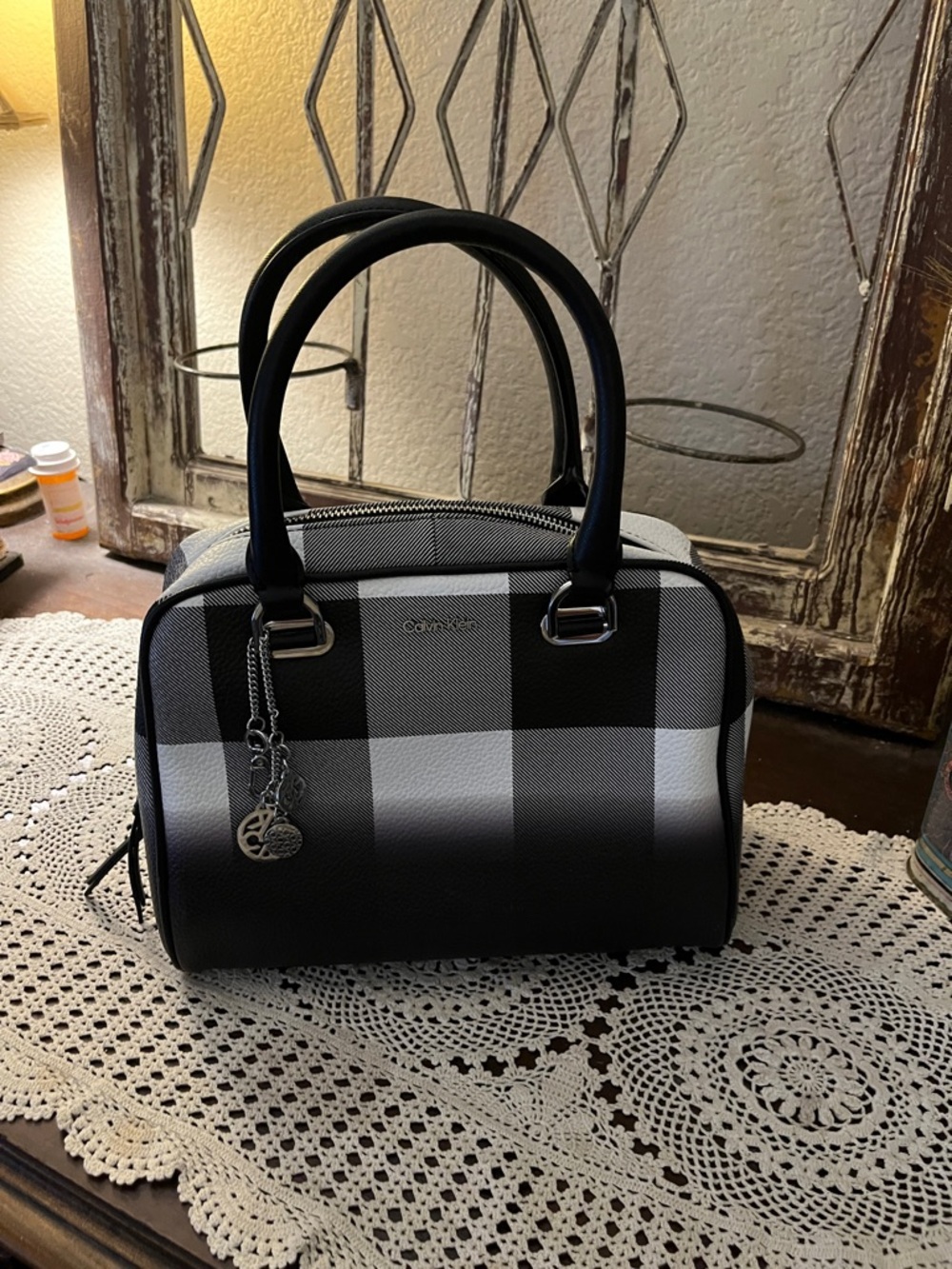 Calvin Klein Black & White Plaid Satchel